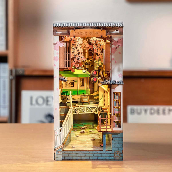 Rolife Sakura Densya Book Nook Shelf Insert - DIY Miniature Tokyo Spring Street Scene with LED Lights (TGB01)